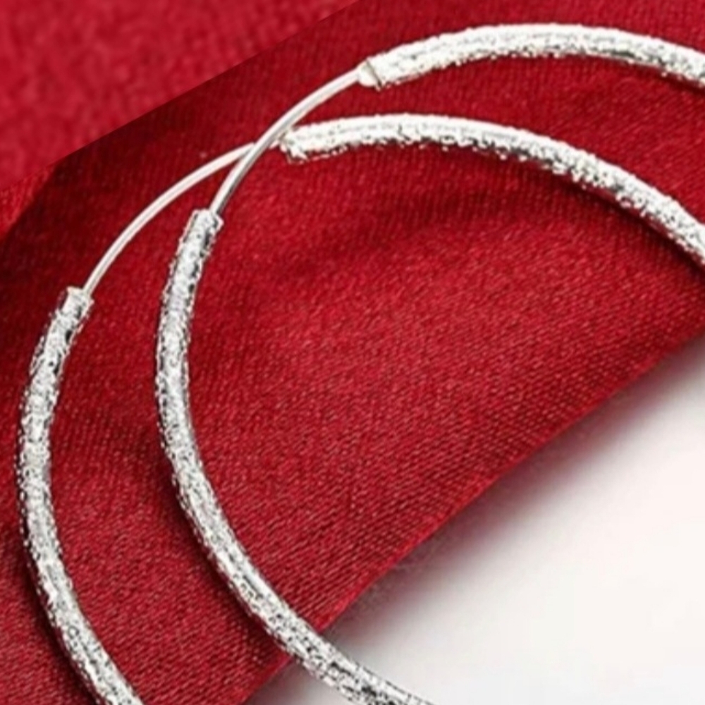 3X$60 Sterling silver plate scrub Hoop Earrings 60mm (Bundle)